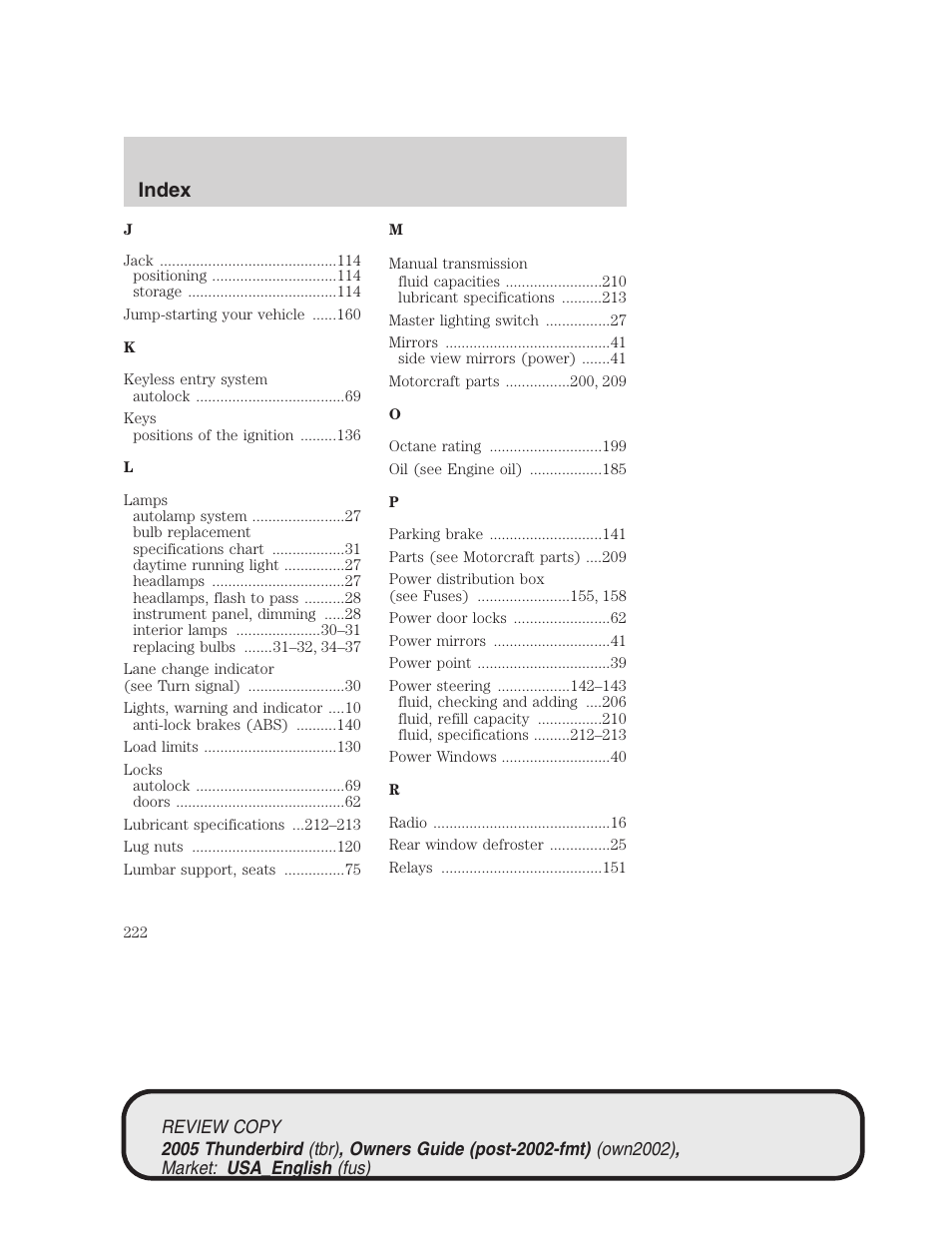 Index | FORD 2005 Thunderbird v.1 User Manual | Page 222 / 224