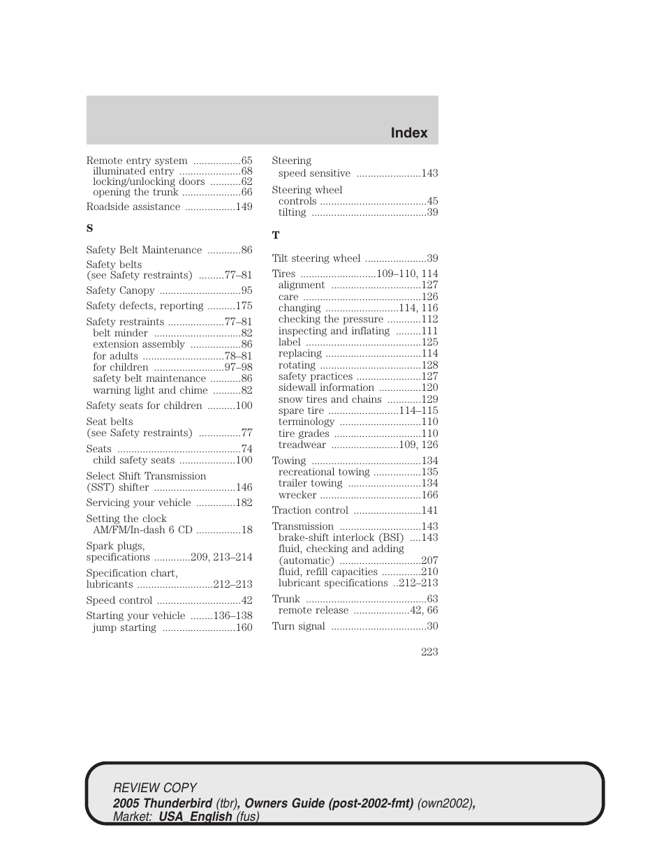 Index | FORD 2005 Thunderbird v.1 User Manual | Page 223 / 224