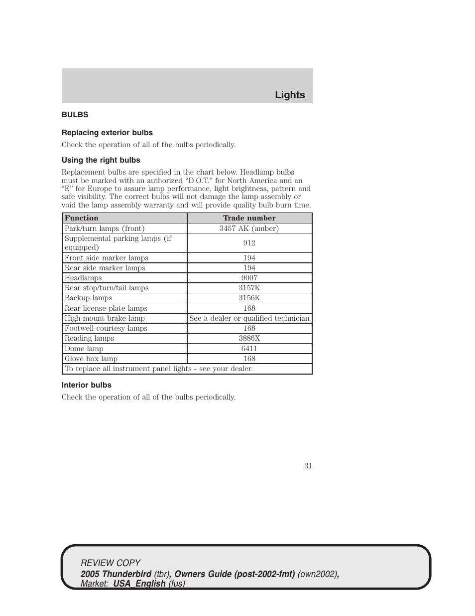 Lights | FORD 2005 Thunderbird v.1 User Manual | Page 31 / 224