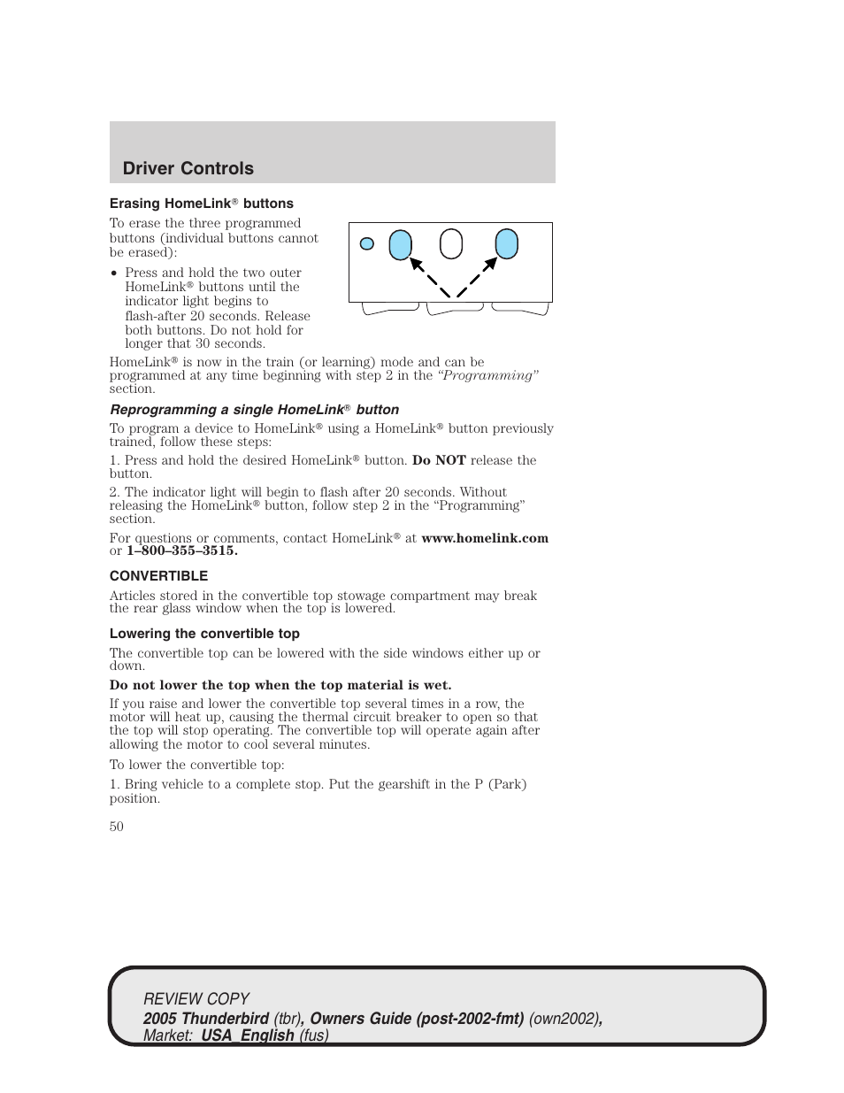 Driver controls | FORD 2005 Thunderbird v.1 User Manual | Page 50 / 224