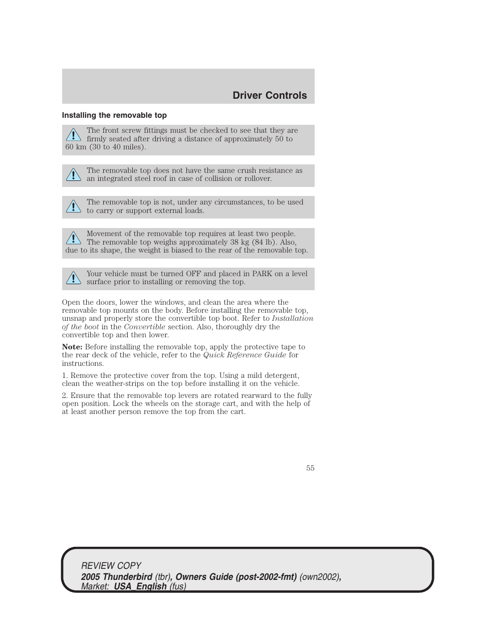Driver controls | FORD 2005 Thunderbird v.1 User Manual | Page 55 / 224