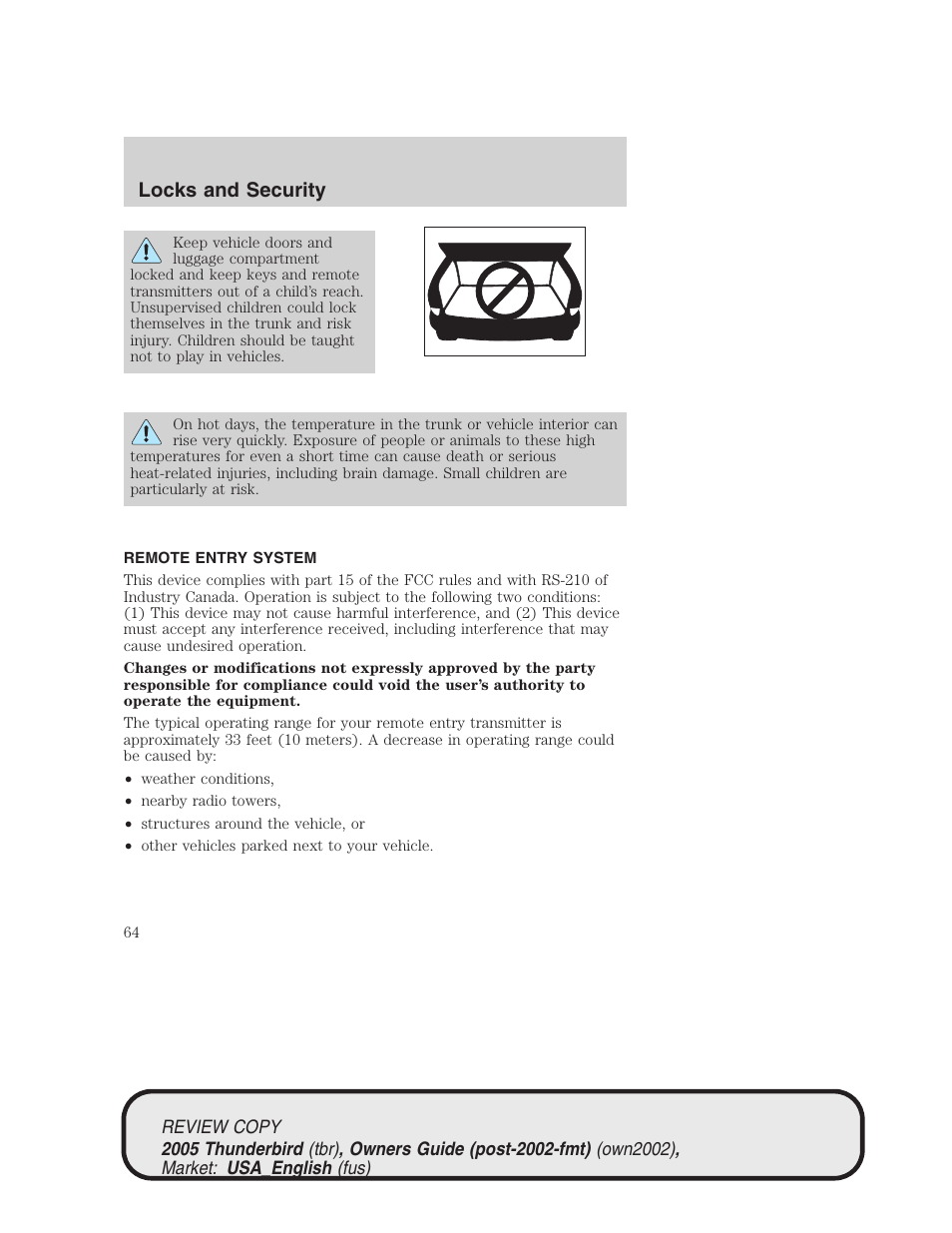 Locks and security | FORD 2005 Thunderbird v.1 User Manual | Page 64 / 224