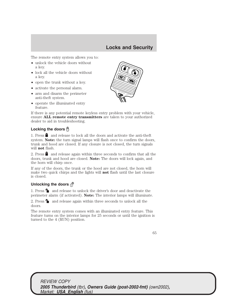 Locks and security | FORD 2005 Thunderbird v.1 User Manual | Page 65 / 224