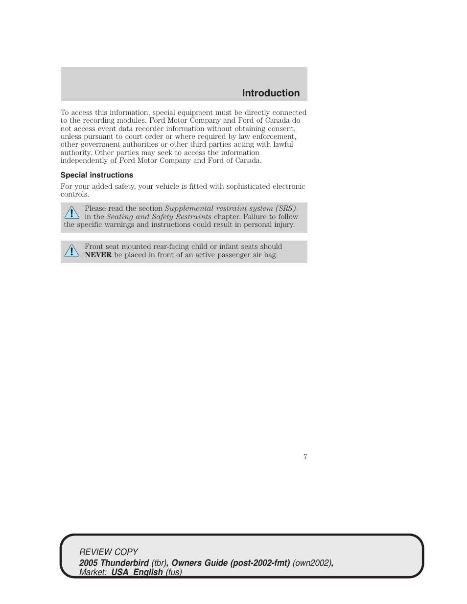 Introduction | FORD 2005 Thunderbird v.1 User Manual | Page 7 / 224