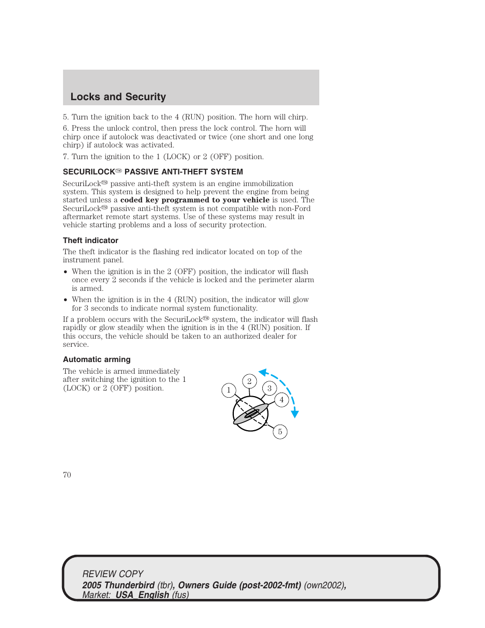 Locks and security | FORD 2005 Thunderbird v.1 User Manual | Page 70 / 224