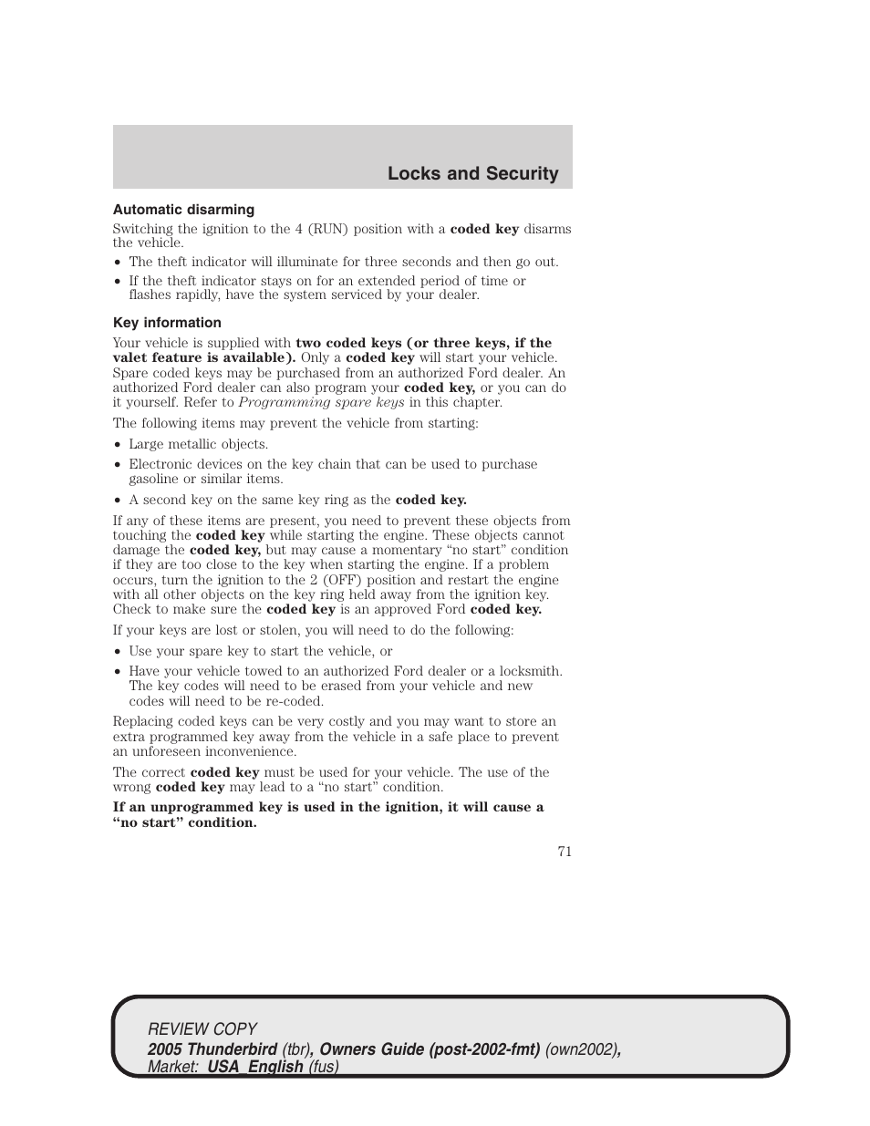 Locks and security | FORD 2005 Thunderbird v.1 User Manual | Page 71 / 224