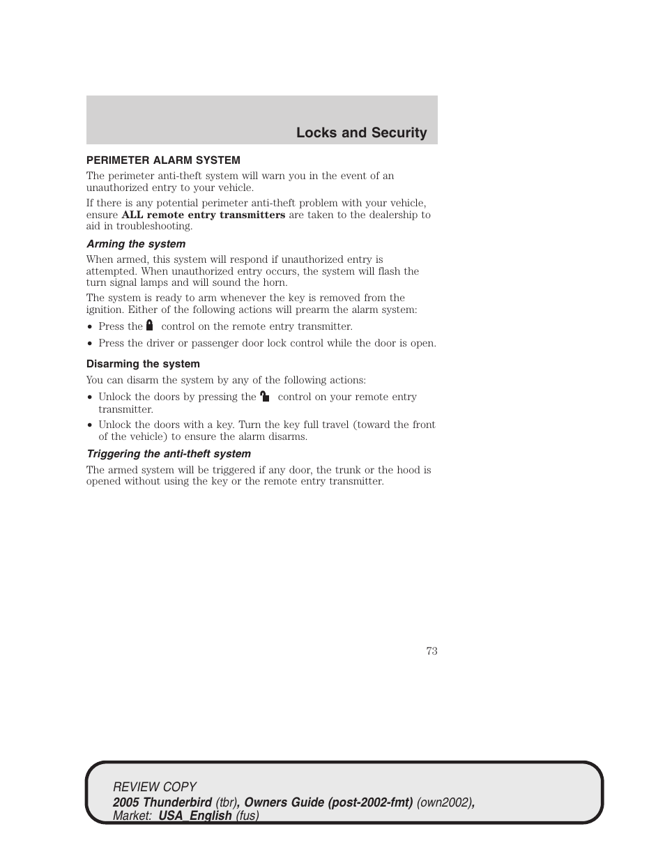 Locks and security | FORD 2005 Thunderbird v.1 User Manual | Page 73 / 224