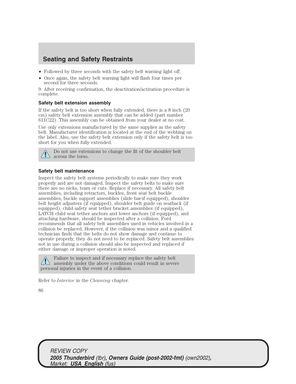 Seating and safety restraints | FORD 2005 Thunderbird v.1 User Manual | Page 86 / 224