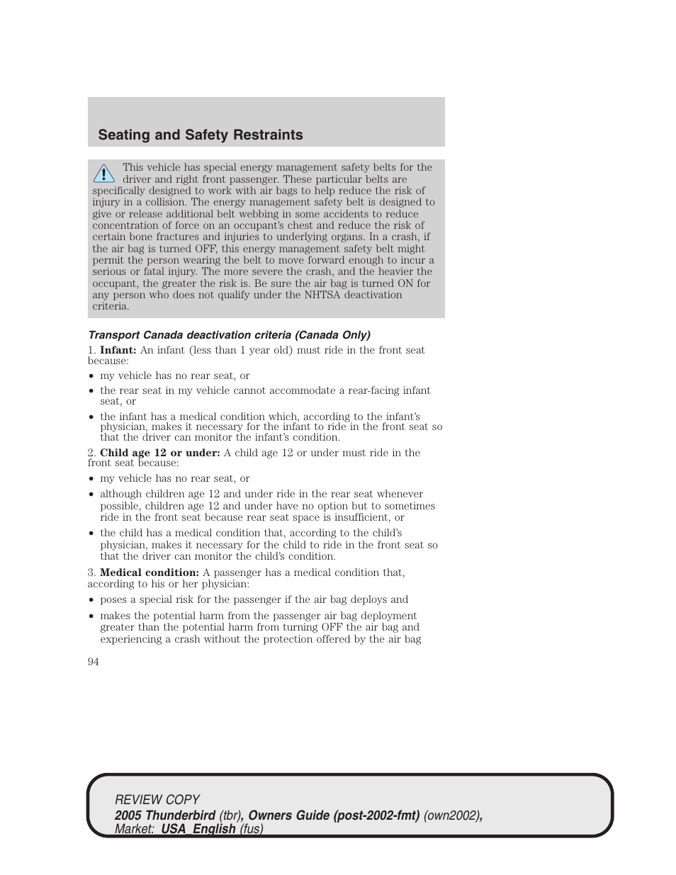 Seating and safety restraints | FORD 2005 Thunderbird v.1 User Manual | Page 94 / 224