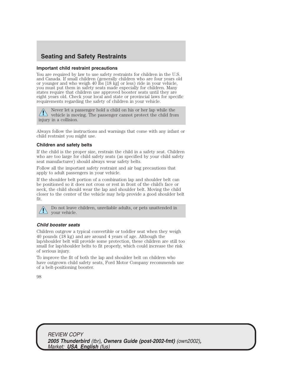 Seating and safety restraints | FORD 2005 Thunderbird v.1 User Manual | Page 98 / 224