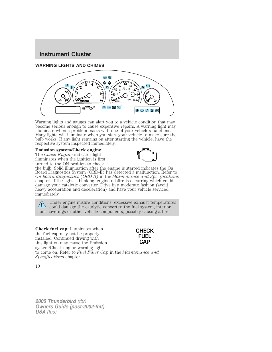 Instrument cluster, Warning lights and chimes, Warning and control lights | FORD 2005 Thunderbird v.2 User Manual | Page 10 / 232