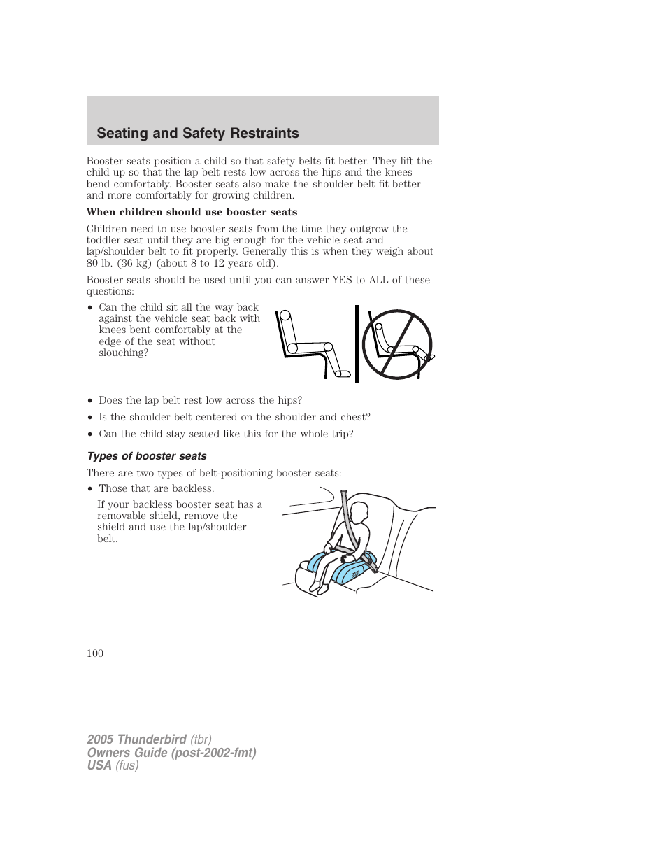 Types of booster seats, Seating and safety restraints | FORD 2005 Thunderbird v.2 User Manual | Page 100 / 232