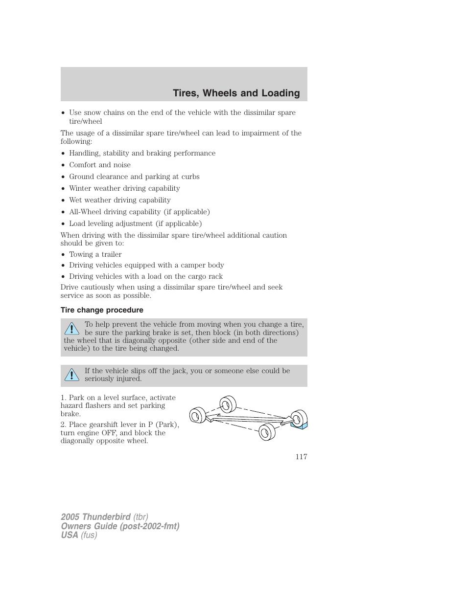 Tire change procedure, Tires, wheels and loading | FORD 2005 Thunderbird v.2 User Manual | Page 117 / 232