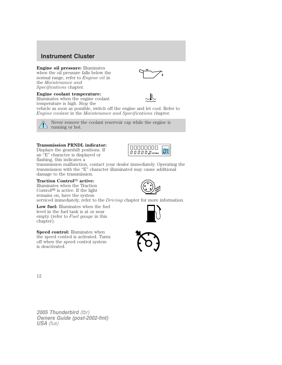 Instrument cluster | FORD 2005 Thunderbird v.2 User Manual | Page 12 / 232