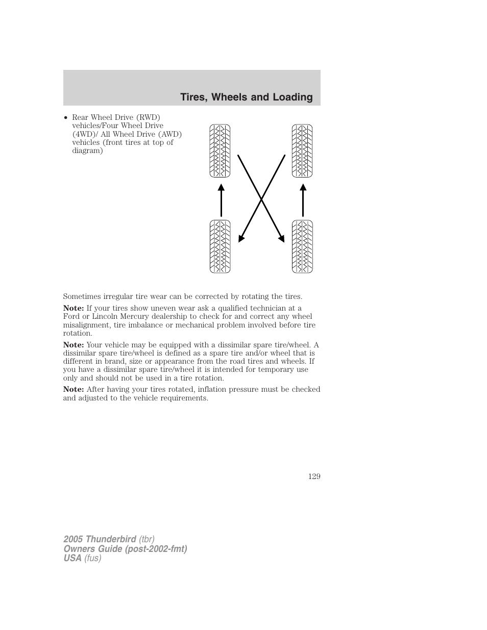 Tires, wheels and loading | FORD 2005 Thunderbird v.2 User Manual | Page 129 / 232