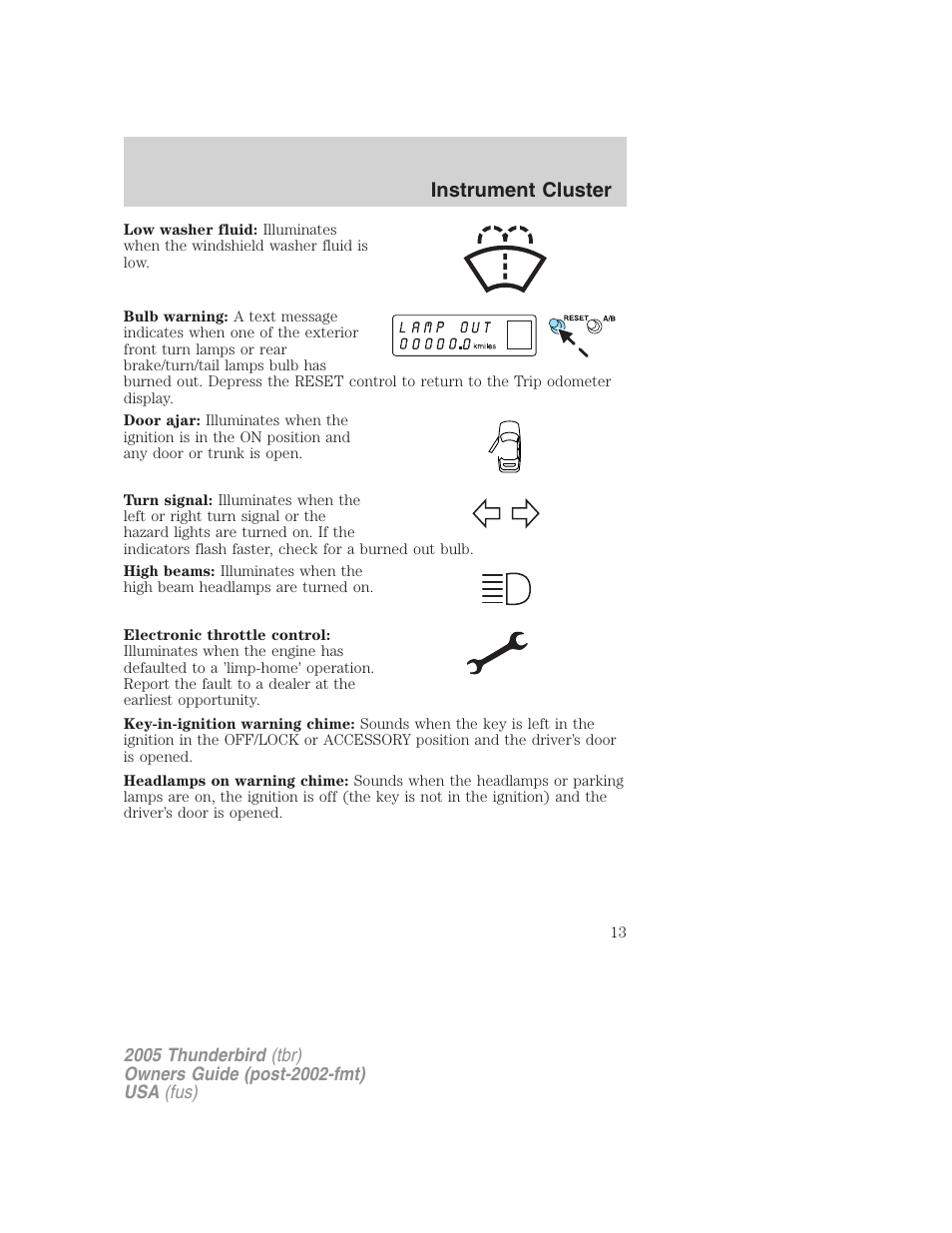 Instrument cluster | FORD 2005 Thunderbird v.2 User Manual | Page 13 / 232