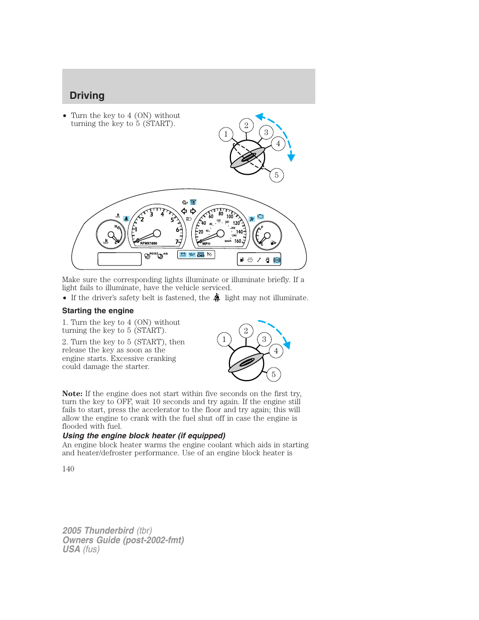 Starting the engine, Using the engine block heater (if equipped), Driving | FORD 2005 Thunderbird v.2 User Manual | Page 140 / 232