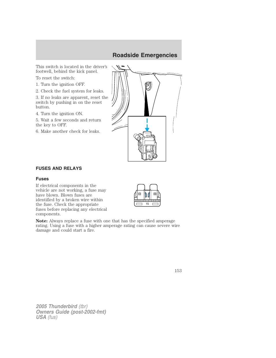 Fuses and relays, Fuses, Roadside emergencies | FORD 2005 Thunderbird v.2 User Manual | Page 153 / 232