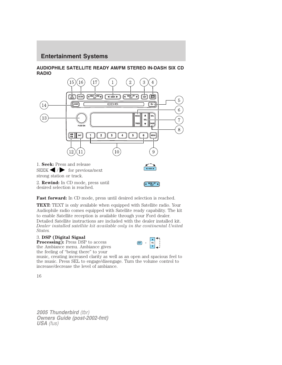 Entertainment systems, Am/fm stereo with in-dash six cd | FORD 2005 Thunderbird v.2 User Manual | Page 16 / 232