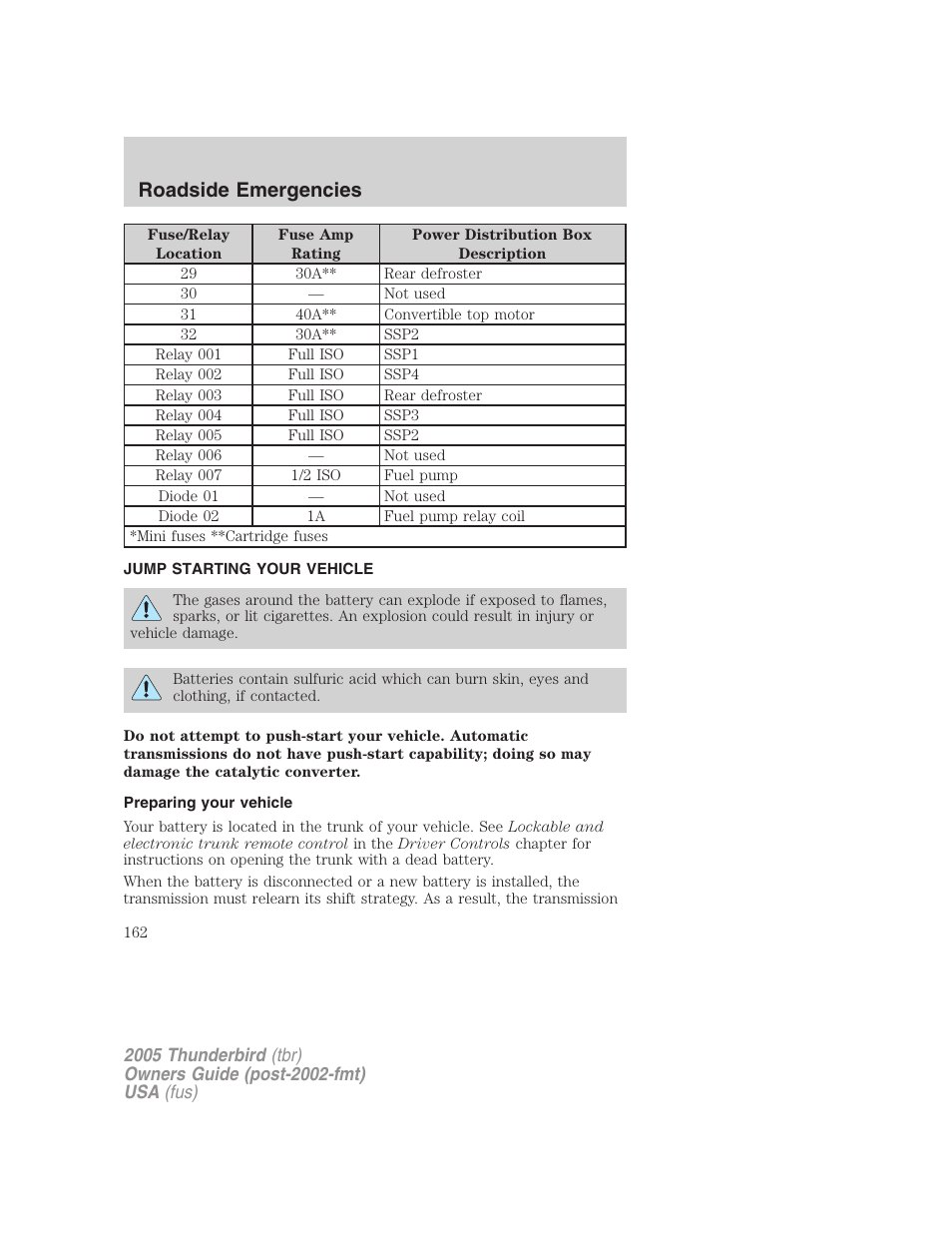 Jump starting your vehicle, Preparing your vehicle, Jump starting | Roadside emergencies | FORD 2005 Thunderbird v.2 User Manual | Page 162 / 232