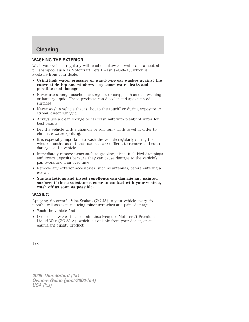 Cleaning, Washing the exterior, Waxing | FORD 2005 Thunderbird v.2 User Manual | Page 178 / 232