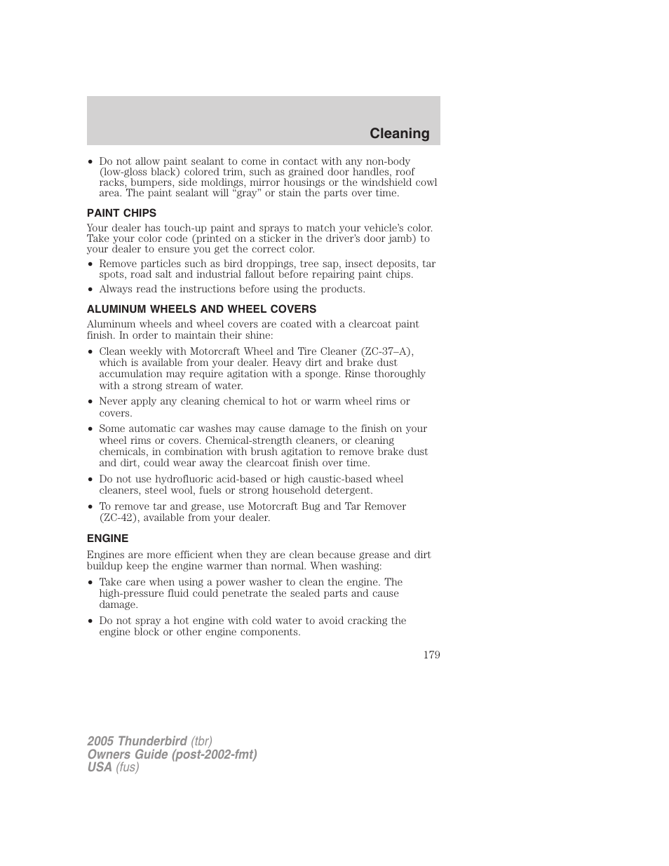 Paint chips, Aluminum wheels and wheel covers, Engine | Cleaning | FORD 2005 Thunderbird v.2 User Manual | Page 179 / 232
