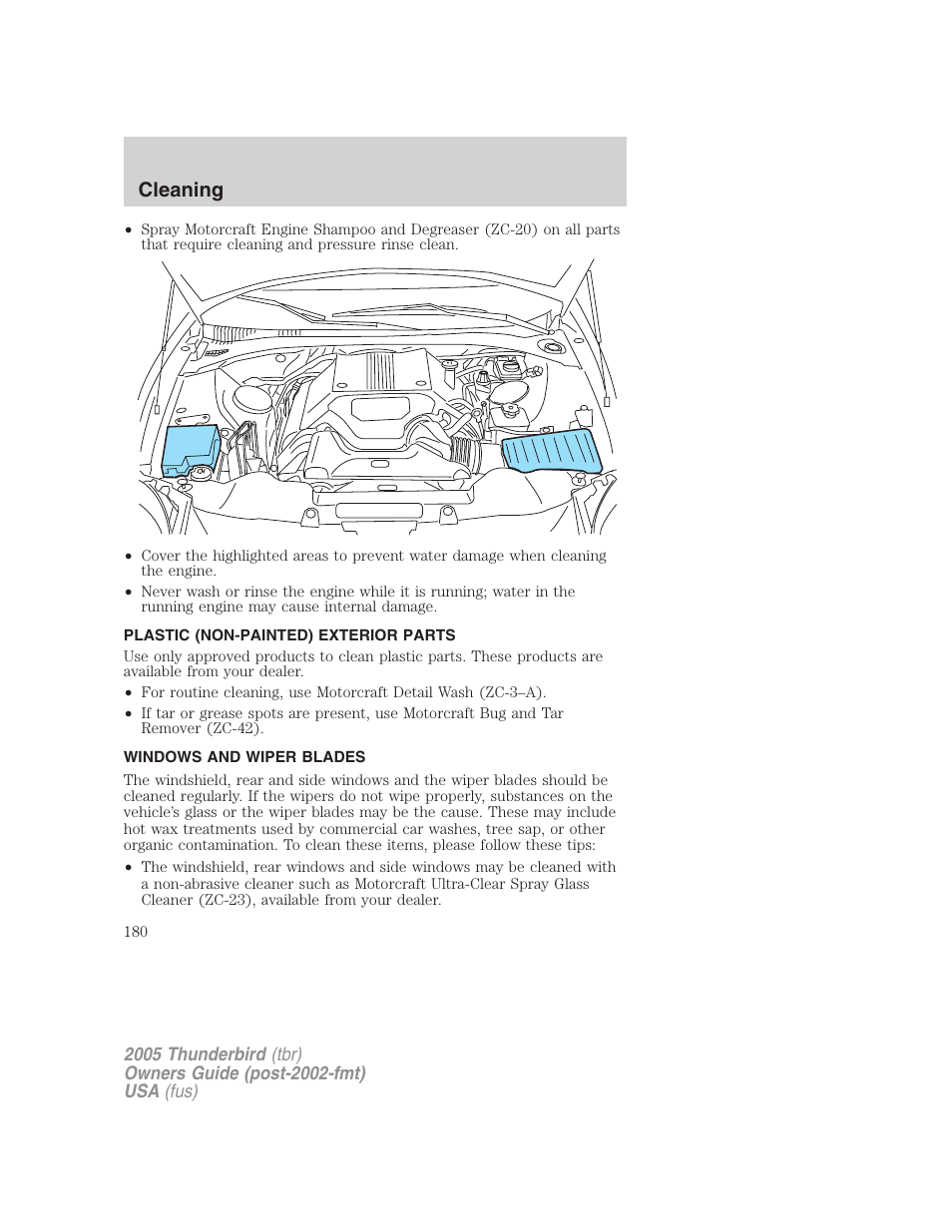 Plastic (non-painted) exterior parts, Windows and wiper blades, Cleaning | FORD 2005 Thunderbird v.2 User Manual | Page 180 / 232