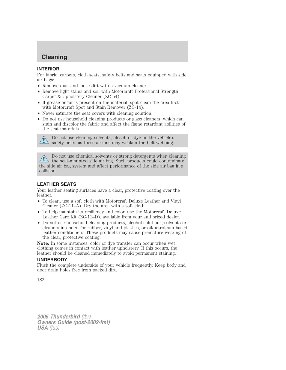 Interior, Leather seats, Underbody | Cleaning | FORD 2005 Thunderbird v.2 User Manual | Page 182 / 232