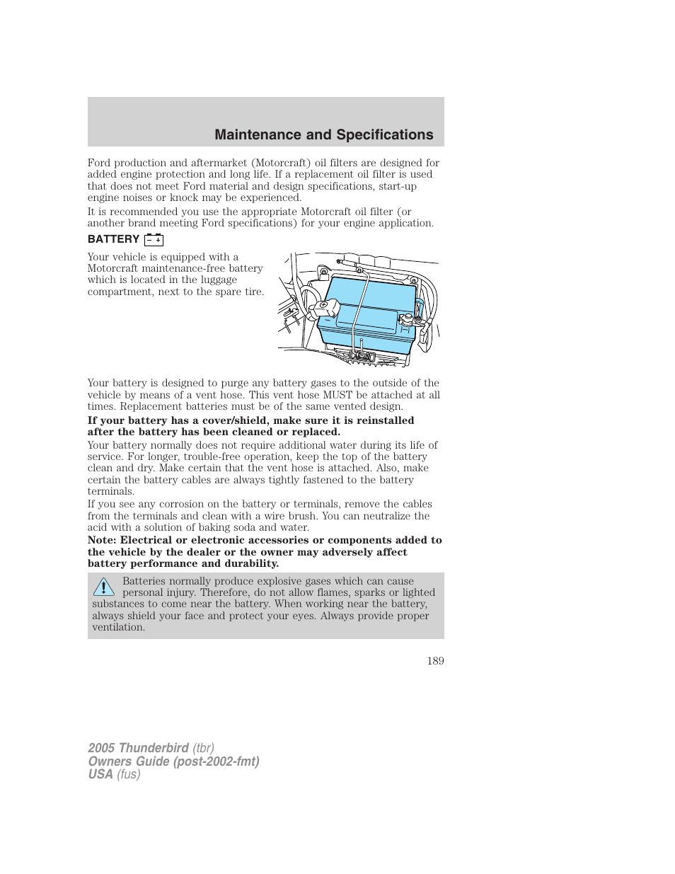 Battery, Maintenance and specifications | FORD 2005 Thunderbird v.2 User Manual | Page 189 / 232