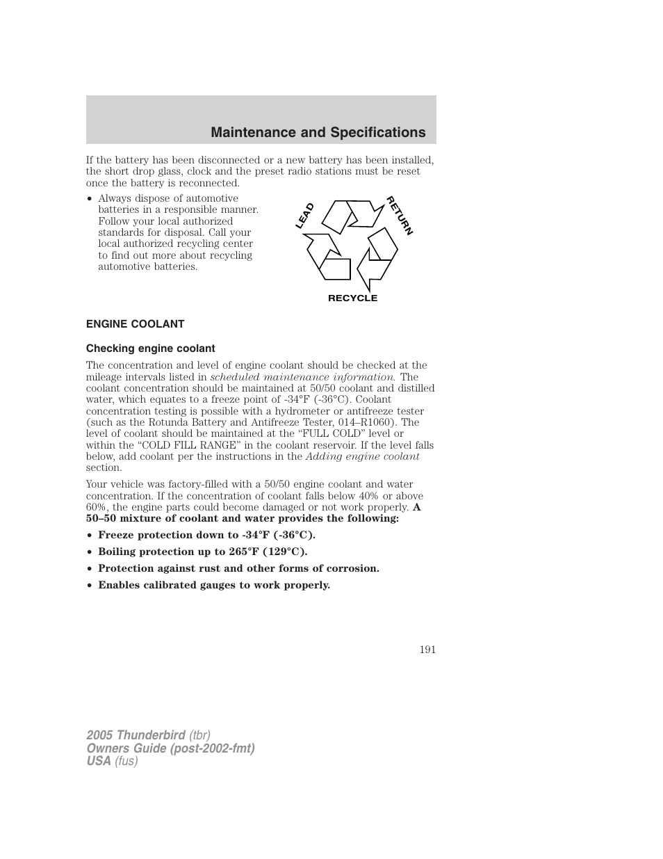 Engine coolant, Checking engine coolant, Maintenance and specifications | FORD 2005 Thunderbird v.2 User Manual | Page 191 / 232