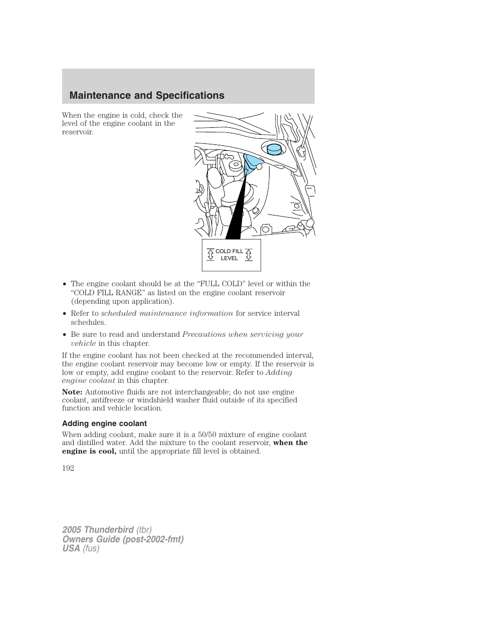Adding engine coolant, Maintenance and specifications | FORD 2005 Thunderbird v.2 User Manual | Page 192 / 232