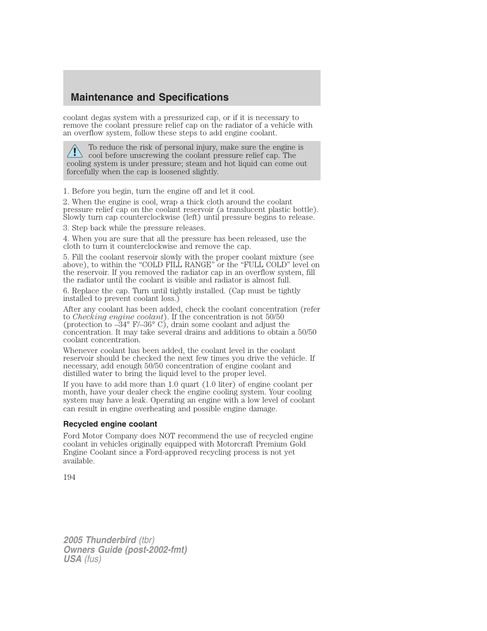 Recycled engine coolant, Maintenance and specifications | FORD 2005 Thunderbird v.2 User Manual | Page 194 / 232