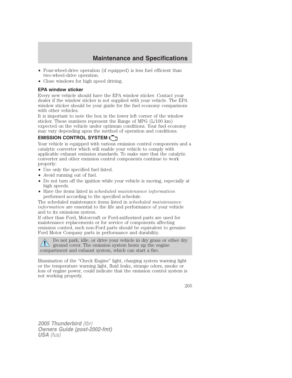 Epa window sticker, Emission control system, Maintenance and specifications | FORD 2005 Thunderbird v.2 User Manual | Page 205 / 232