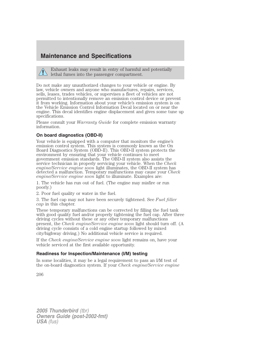 On board diagnostics (obd-ii), Readiness for inspection/maintenance (i/m) testing, Maintenance and specifications | FORD 2005 Thunderbird v.2 User Manual | Page 206 / 232