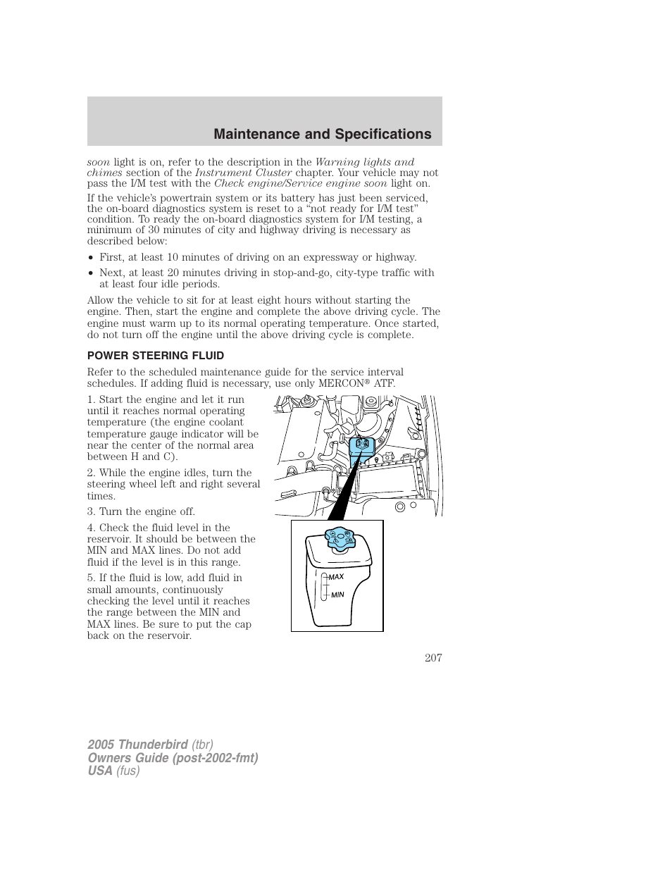 Power steering fluid, Maintenance and specifications | FORD 2005 Thunderbird v.2 User Manual | Page 207 / 232