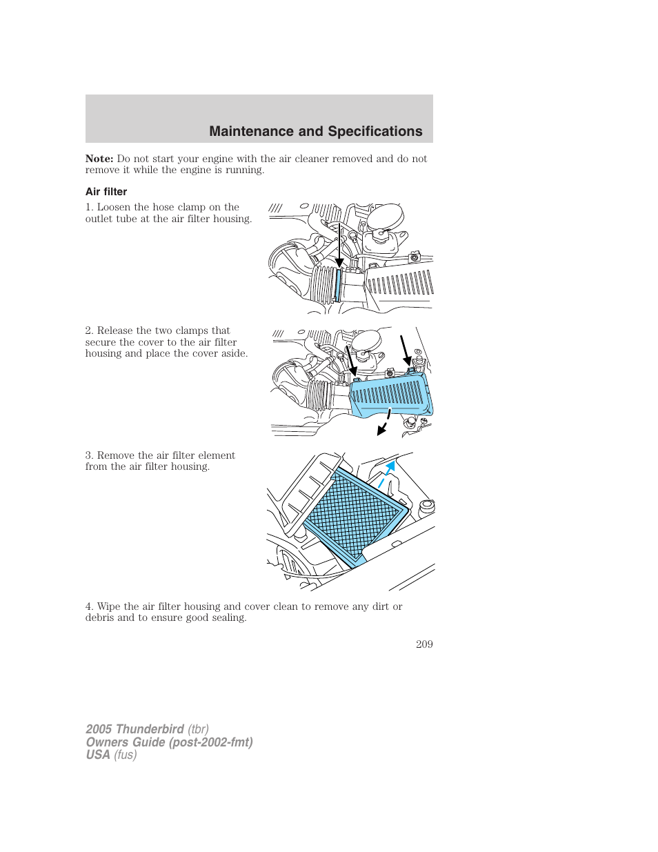 Air filter, Air filter(s), Maintenance and specifications | FORD 2005 Thunderbird v.2 User Manual | Page 209 / 232