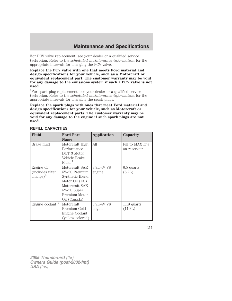 Refill capacities, Maintenance and specifications | FORD 2005 Thunderbird v.2 User Manual | Page 211 / 232