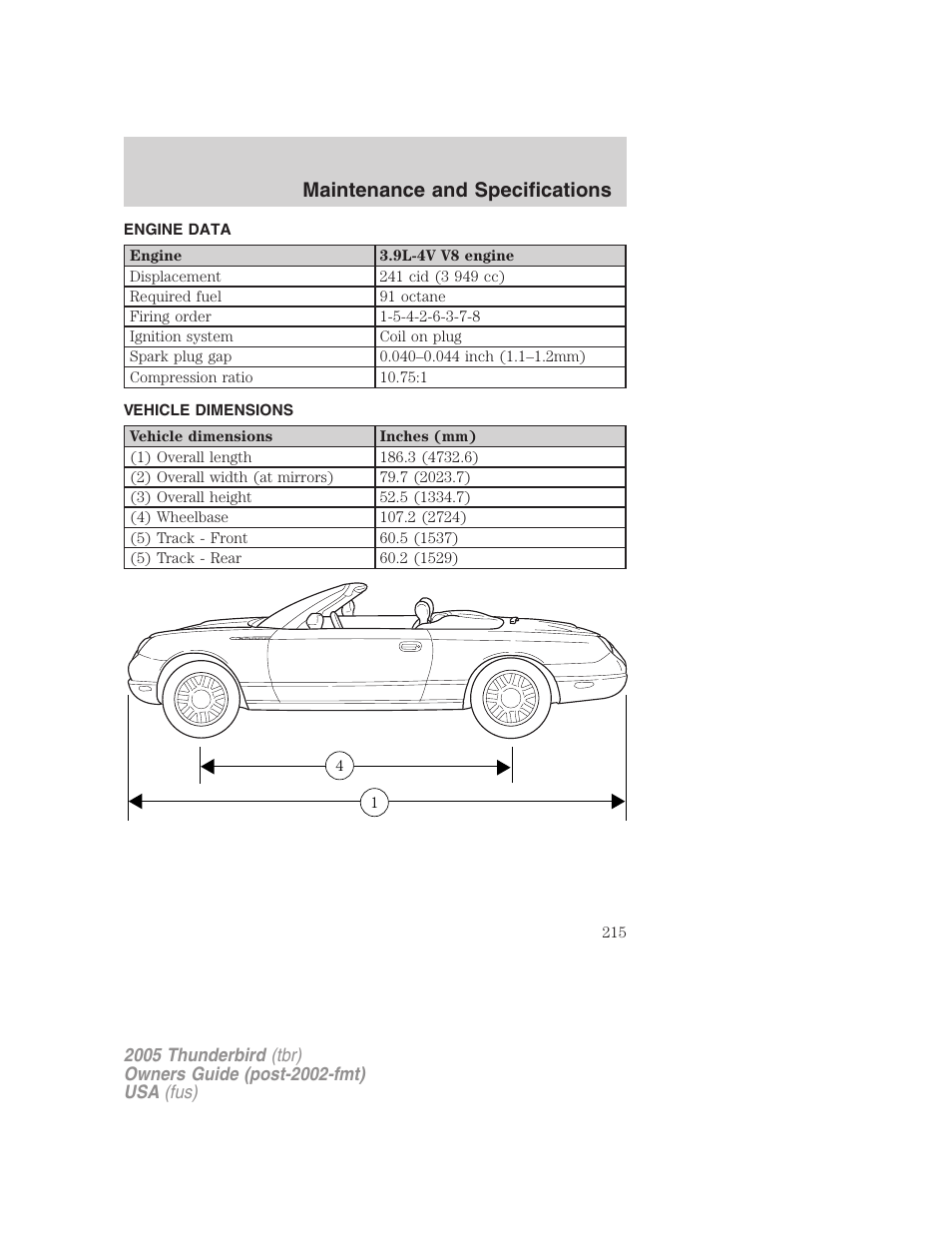 Engine data, Vehicle dimensions, Maintenance and specifications | FORD 2005 Thunderbird v.2 User Manual | Page 215 / 232