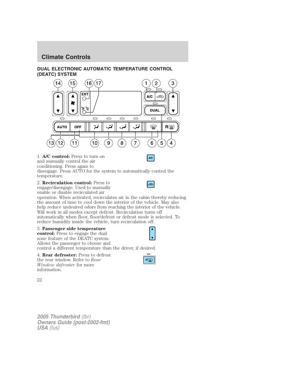 Climate controls, Electronic automatic temperature control | FORD 2005 Thunderbird v.2 User Manual | Page 22 / 232