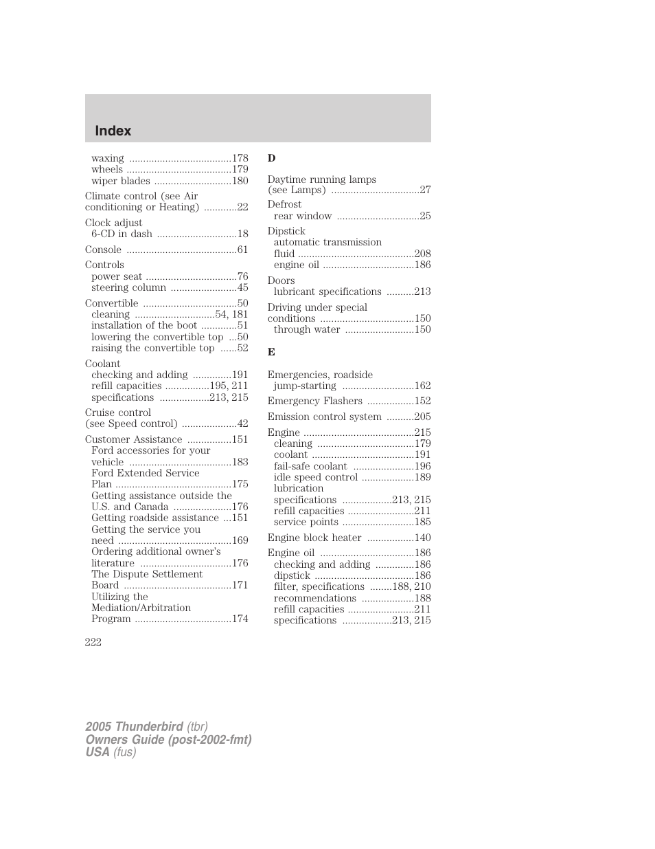 Index | FORD 2005 Thunderbird v.2 User Manual | Page 222 / 232