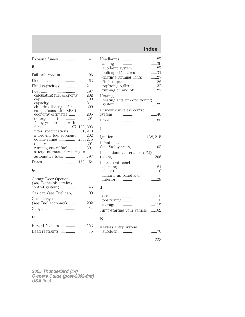 Index | FORD 2005 Thunderbird v.2 User Manual | Page 223 / 232