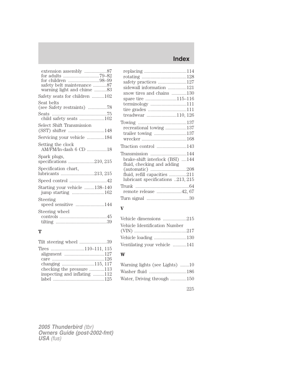 Index | FORD 2005 Thunderbird v.2 User Manual | Page 225 / 232