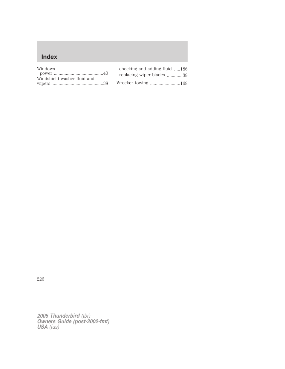 Index | FORD 2005 Thunderbird v.2 User Manual | Page 226 / 232