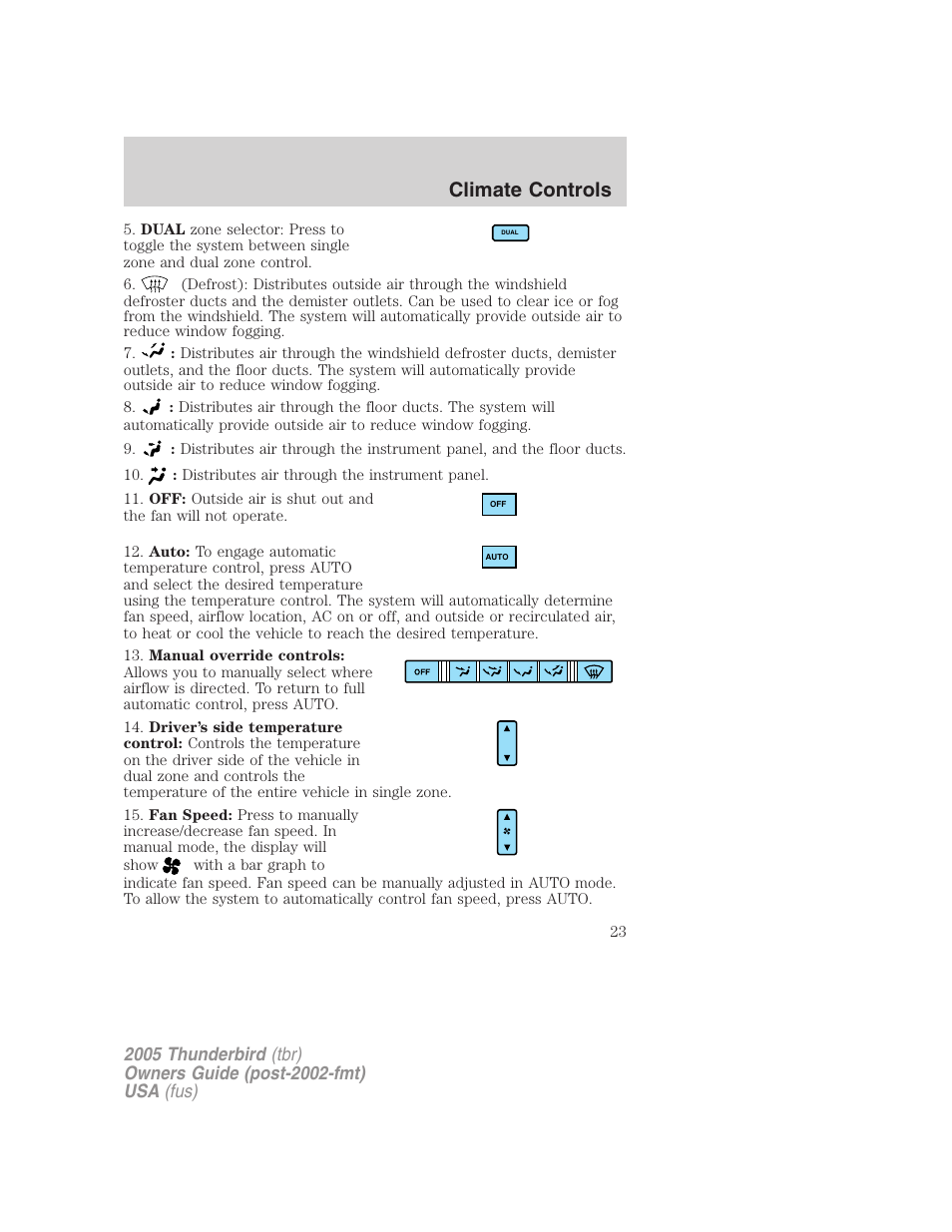 Climate controls | FORD 2005 Thunderbird v.2 User Manual | Page 23 / 232