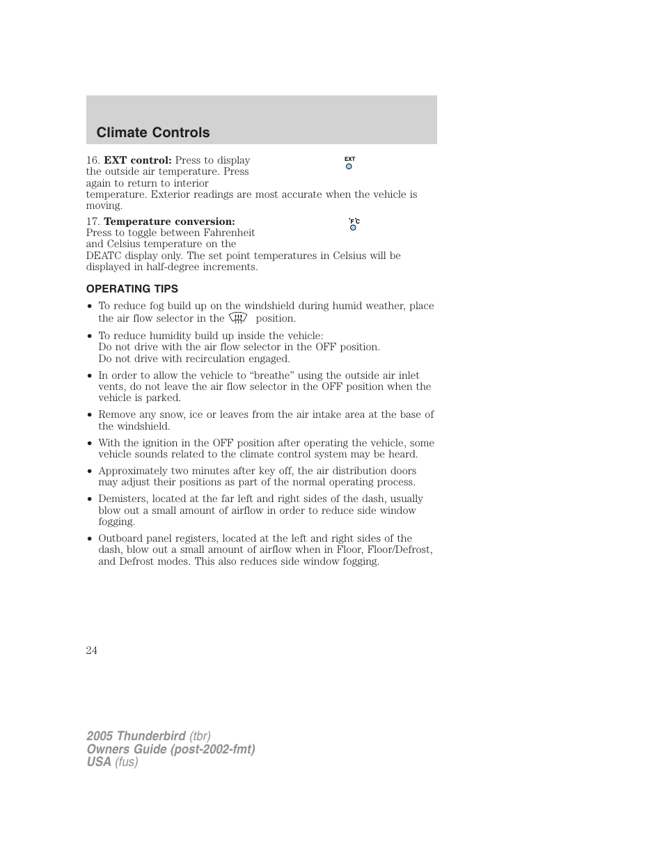 Operating tips, Climate controls | FORD 2005 Thunderbird v.2 User Manual | Page 24 / 232