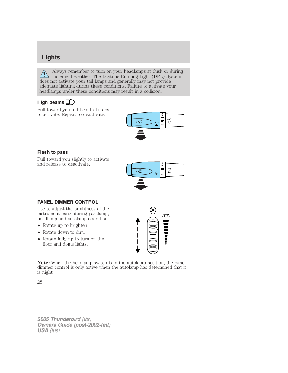 High beams, Flash to pass, Panel dimmer control | Lights | FORD 2005 Thunderbird v.2 User Manual | Page 28 / 232