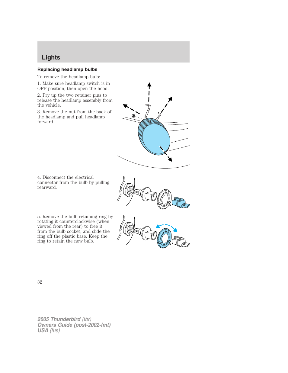 Replacing headlamp bulbs, Lights | FORD 2005 Thunderbird v.2 User Manual | Page 32 / 232