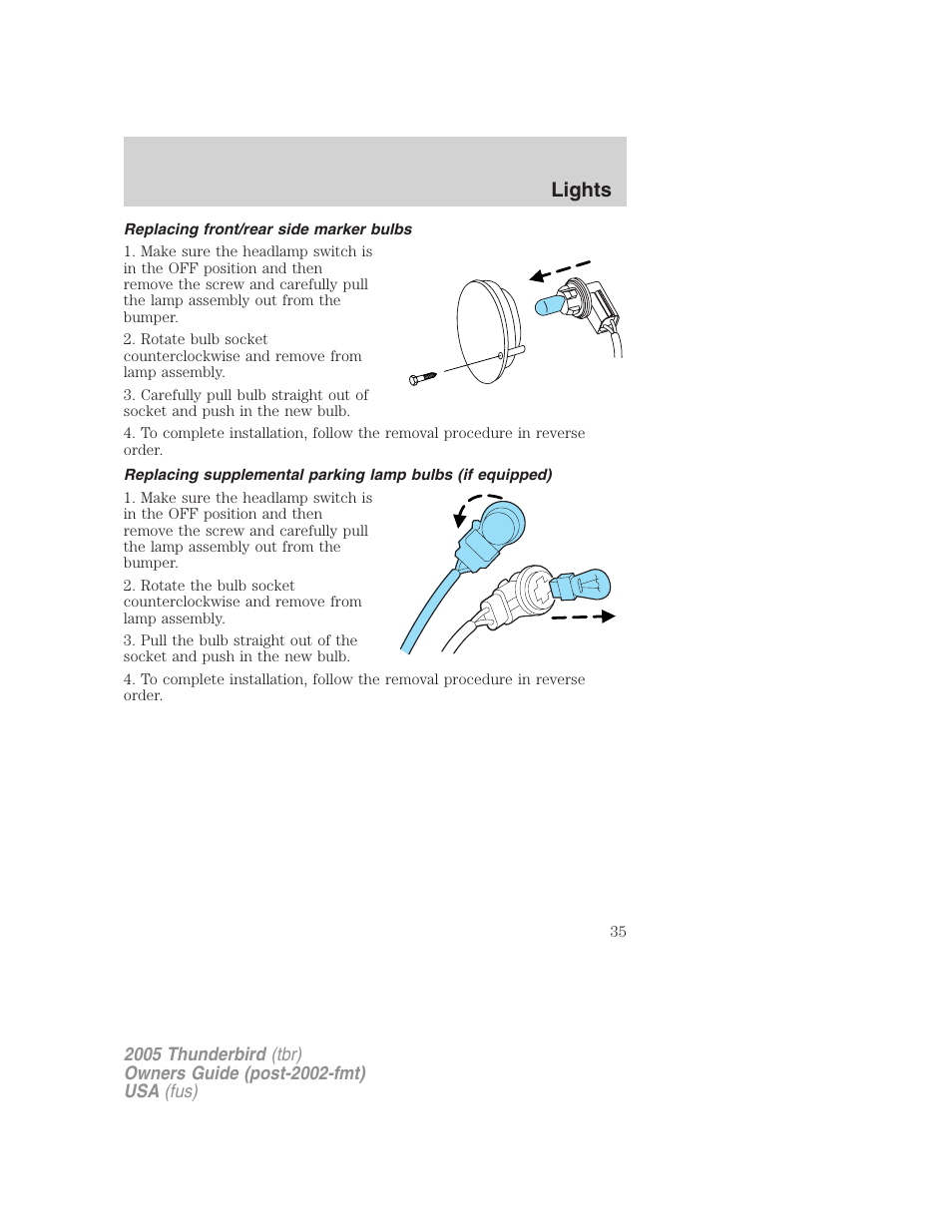 Replacing front/rear side marker bulbs, Lights | FORD 2005 Thunderbird v.2 User Manual | Page 35 / 232