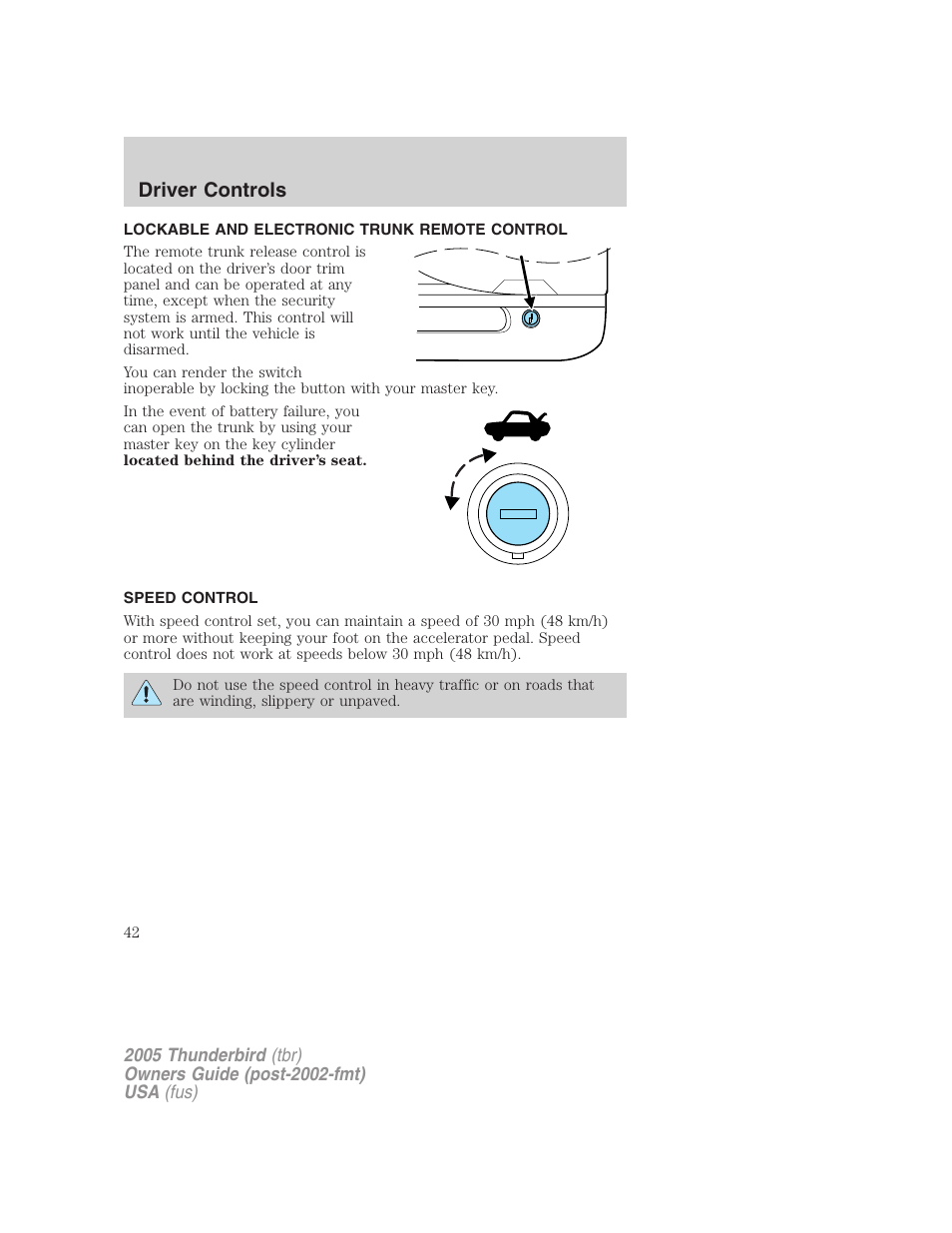 Lockable and electronic trunk remote control, Speed control, Driver controls | FORD 2005 Thunderbird v.2 User Manual | Page 42 / 232