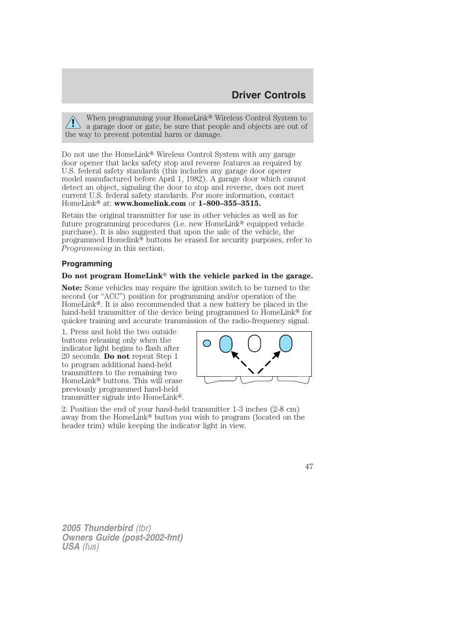 Programming, Driver controls | FORD 2005 Thunderbird v.2 User Manual | Page 47 / 232